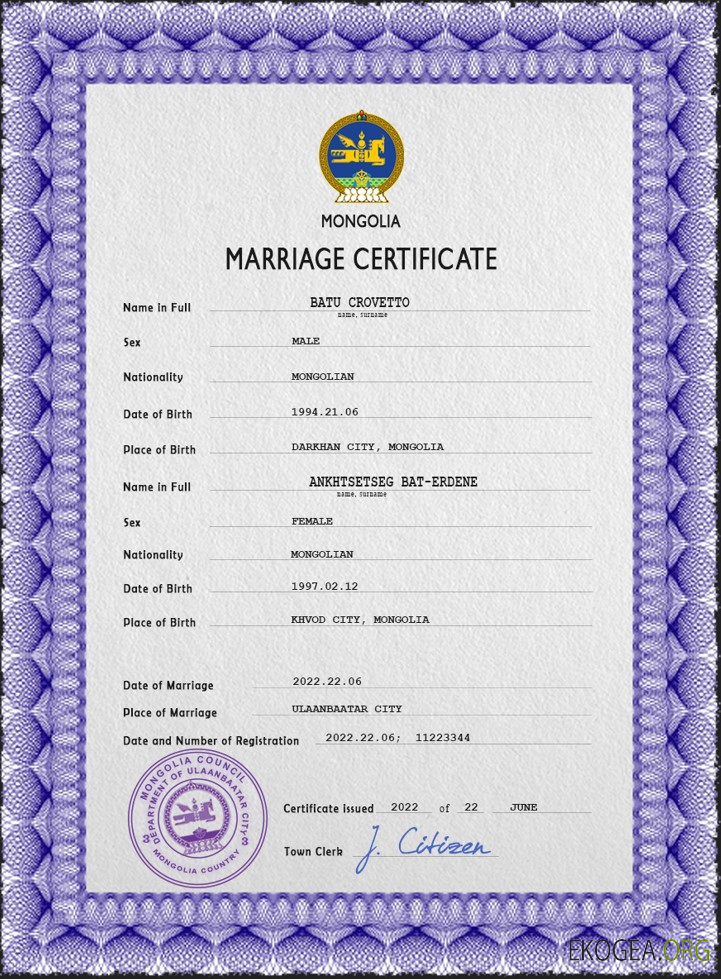 Modèle PSD de certificat de mariage en Mongolie